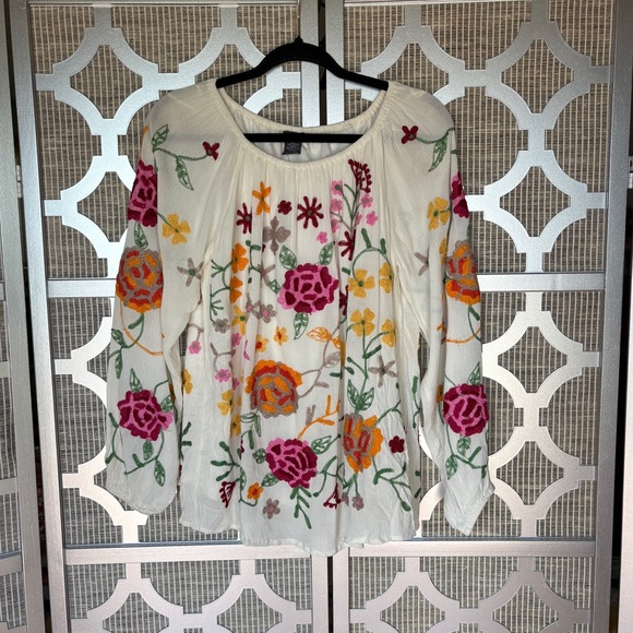 Chelsea & Theodore Tops - Chelsea & Theodore White Pink Embellished Long Sleeve Blouse